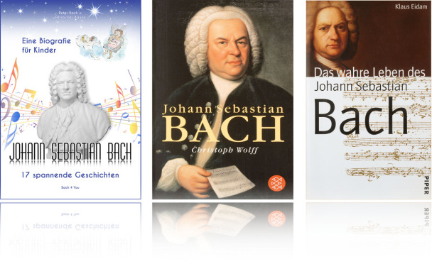Man sieht das Buch über Johann Sebastian Bach. Auf dem Cover ist das so genannte Haußmann-Bild abgebildet. Es ist das bekannteste Bild von Bach. In der Mitte steht groß Johann Sebastian und noch größer Bach. Und darunter Christoph Wolff. Mit 2 Eff.