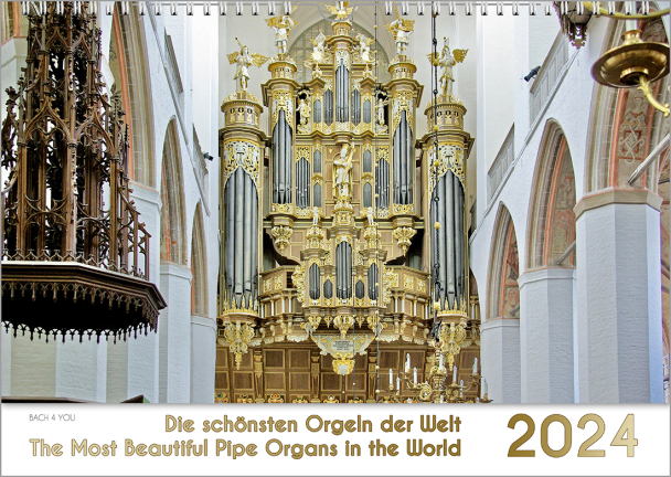 Der Orgelkalender: In den oberen 4/5 ist eine barocke Orgel zu sehen, im unteren Fünftel sieht man links den Titel, rechts sehr groß das Jahr. Die Schrift ist gold auf weißem Grund.
